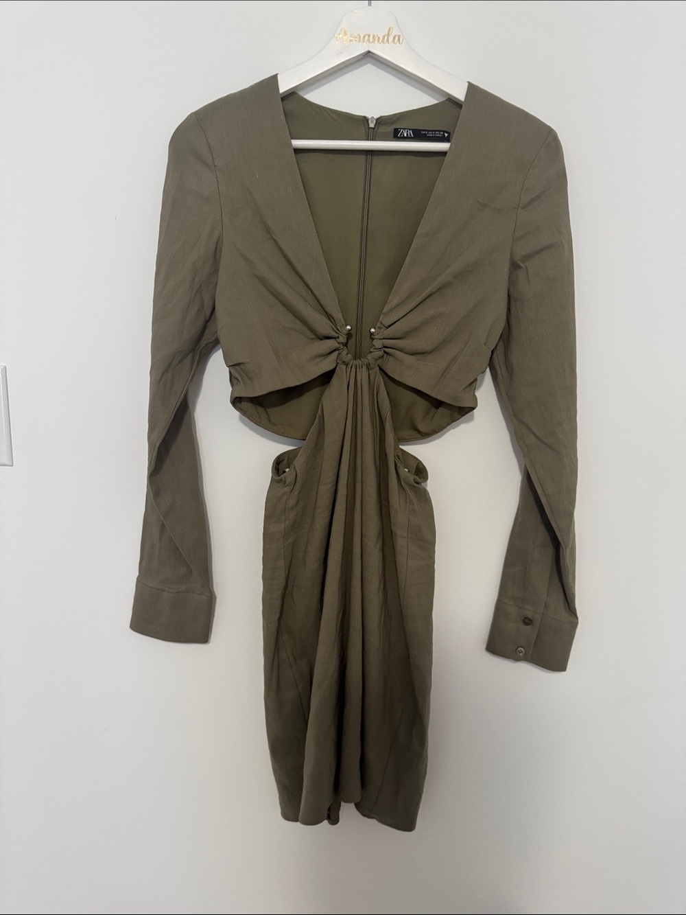Zara Olive Green Long-Sleeve Twist Front Dress